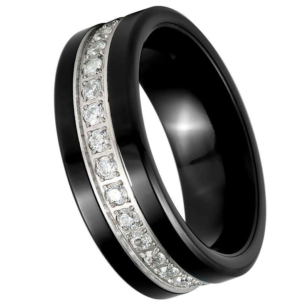 Prong-Set White CZ Eternity Black IP Tungsten Ring - 8mm - Love Tungsten