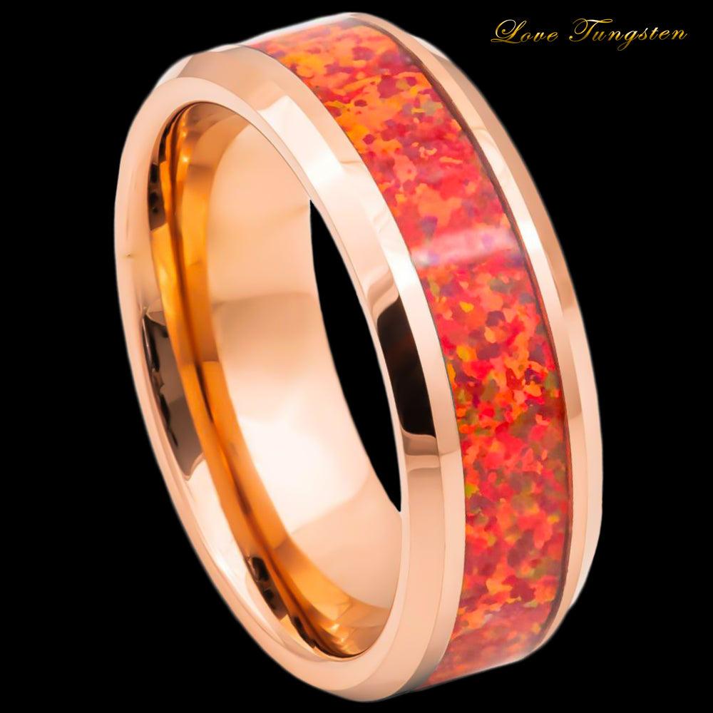 Red Fire Opal Inlay with Rose Gold IP Tungsten Ring - 8mm - Love Tungsten