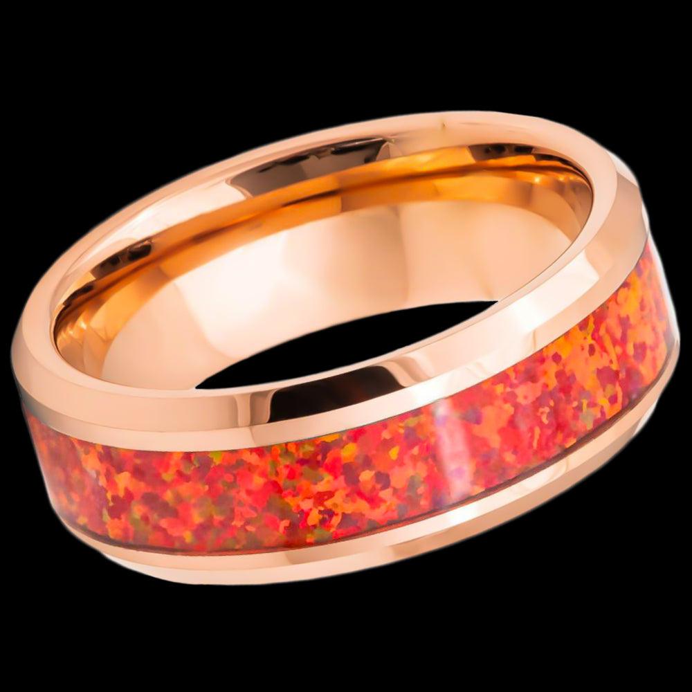 Red Fire Opal Inlay with Rose Gold IP Tungsten Ring - 8mm - Love Tungsten