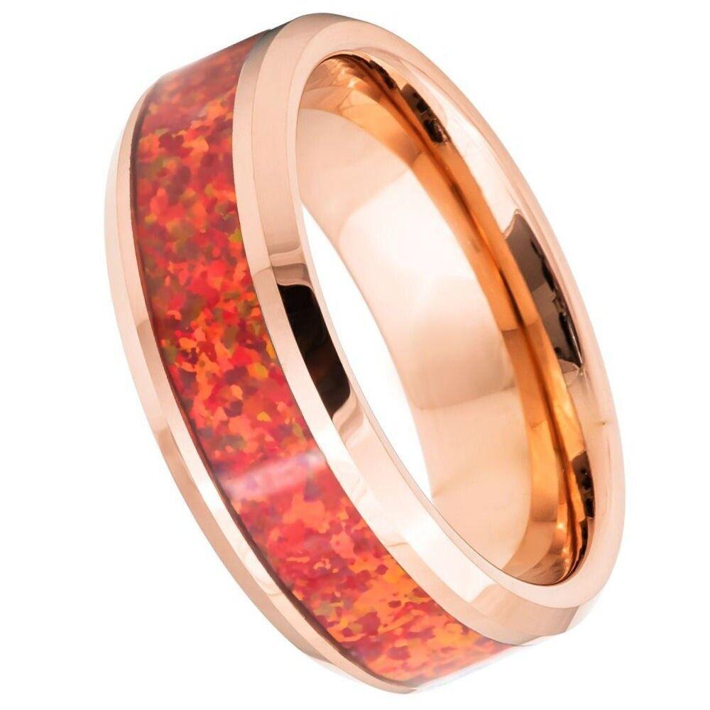 Red Fire Opal Inlay with Rose Gold IP Tungsten Ring - 8mm - Love Tungsten