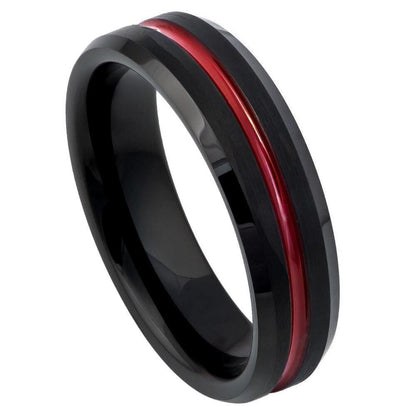 Red IP Grooved Center, Black Brushed Tungsten Ring - 6mm - Love Tungsten