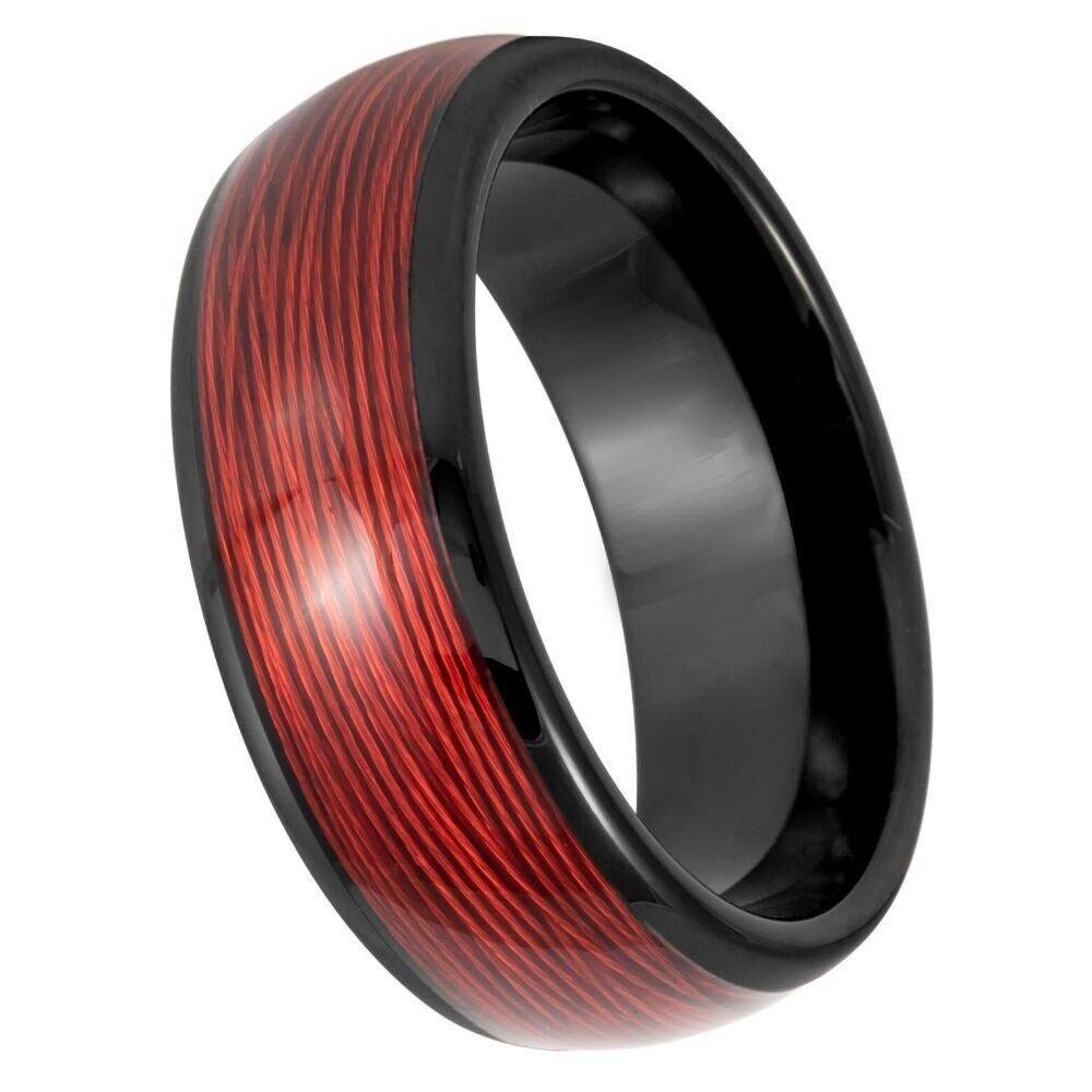 Rolled Red Wire Inlay Domed Black IP Tungsten Ring - 8 mm - Love Tungsten