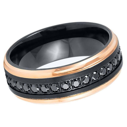 Rose Gold IP Edges: Black CZ Round Cut Eternity with Black IP Tungsten Ring - 8mm - Love Tungsten