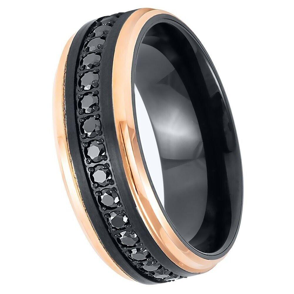 Rose Gold IP Edges: Black CZ Round Cut Eternity with Black IP Tungsten Ring - 8mm - Love Tungsten