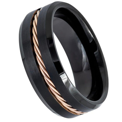 Rose Gold IP Rope Inlay with Black IP Beveled Edge Tungsten Ring - 8mm - Love Tungsten