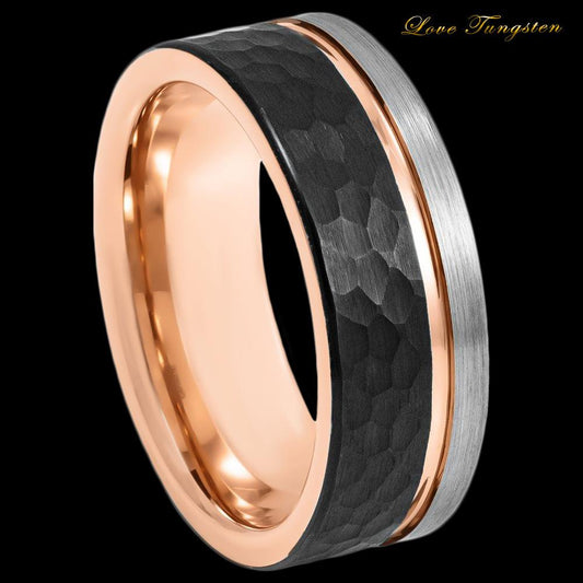 Rose Gold Plated, Black & Silver IP Plated Grooved Center Tungsten Ring - 8mm - Love Tungsten