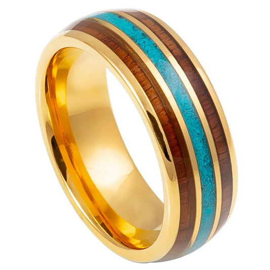 Rosewood & Crushed Turquoise Yellow Gold IP Tungsten Ring - 8mm - Love Tungsten
