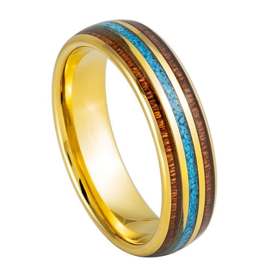 Rosewood & Crushed Turquoise Yellow IP Plated Tungsten Ring - 6mm - Love Tungsten