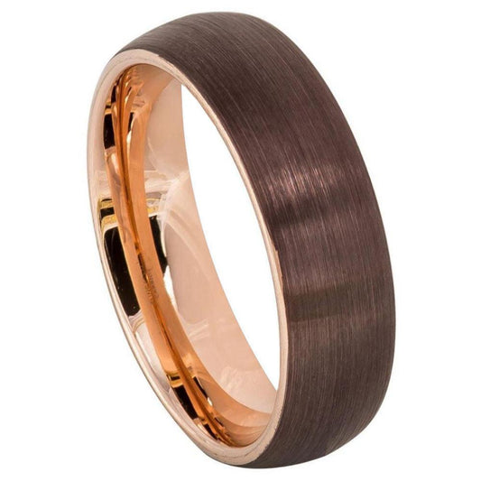 Semi-Domed Brushed Brown IP Plated outside & Rose Gold Tungsten Ring - 6 mm - Love Tungsten