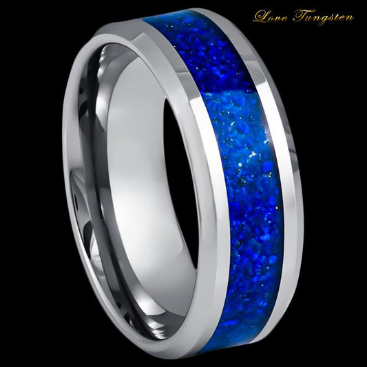 Silver Beveled Edge Lapis Lazuli Inlay Tungsten Ring - 8mm - Love Tungsten