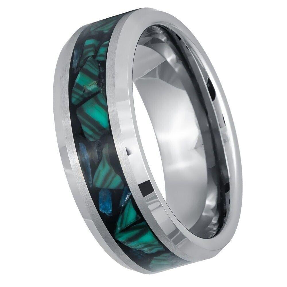 Silver Beveled Edge Malachite Inlay Tungsten Ring - 8mm - Love Tungsten