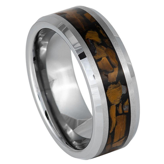 Silver Beveled Edge Tiger Eye Inlay Tungsten Ring - 8mm - Love Tungsten