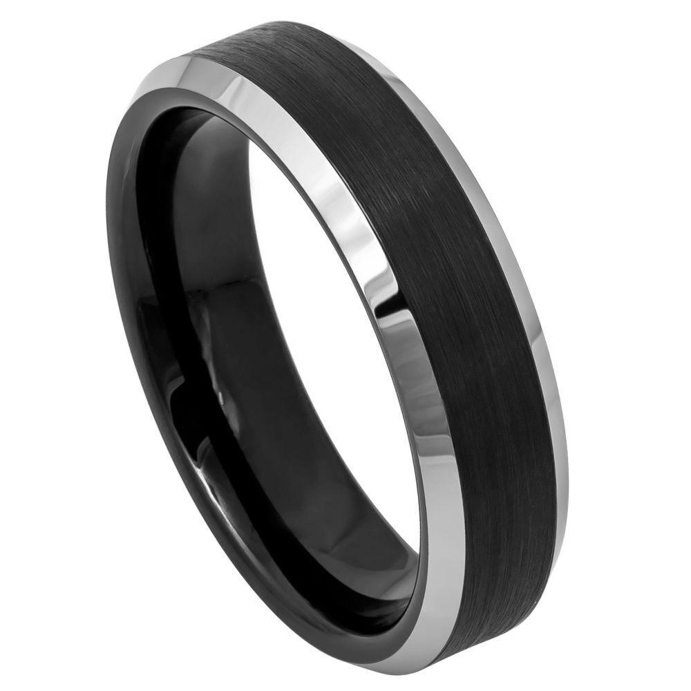 Silver Black Brushed Center Black IP Plated Tungsten Ring - 6mm - Love Tungsten