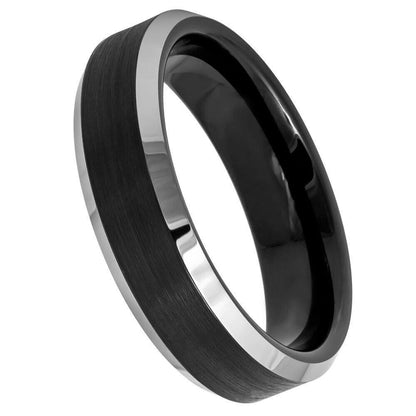 Silver Black Brushed Center Black IP Plated Tungsten Ring - 6mm - Love Tungsten
