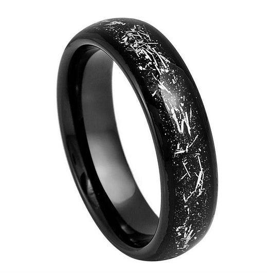 Silver Meteorite Inlay Black IP Plated Tungsten Ring - 6mm | Exquisite Design - Love Tungsten