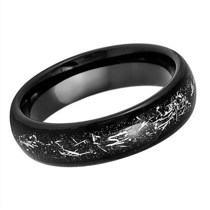 Silver Meteorite Inlay Black IP Plated Tungsten Ring - 6mm | Exquisite Design - Love Tungsten