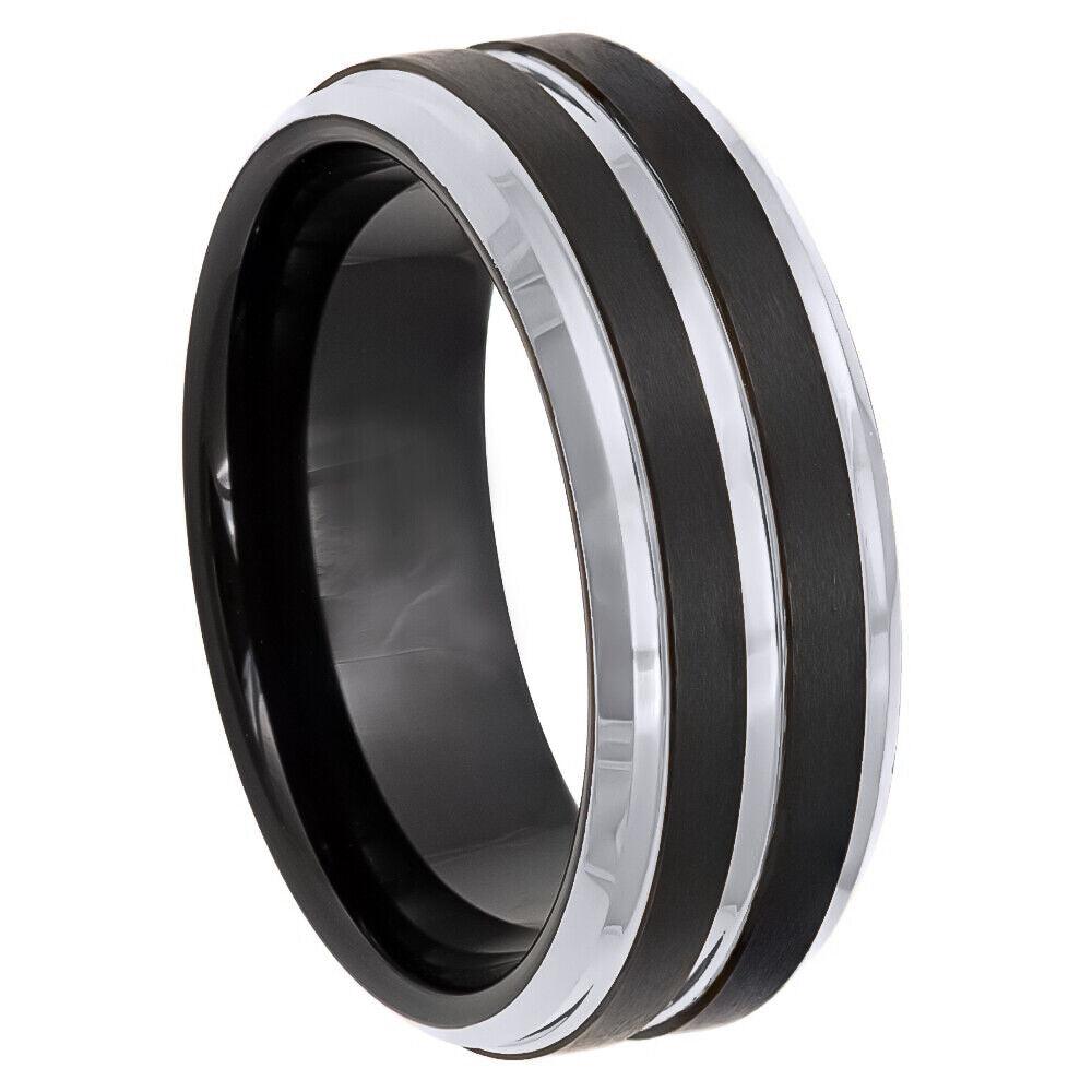 Silver Pinstripe Beveled Edge Black IP Tungsten Ring - 8mm - Love Tungsten