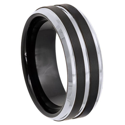 Silver Pinstripe Beveled Edge Black IP Tungsten Ring - 8mm - Love Tungsten