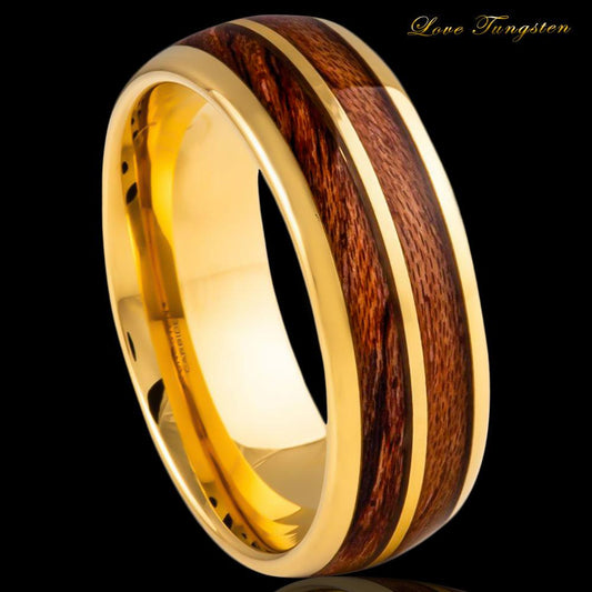 Split Koa Wood Inlay Yellow Gold IP Tungsten Unisex Ring - 8mm - Love Tungsten