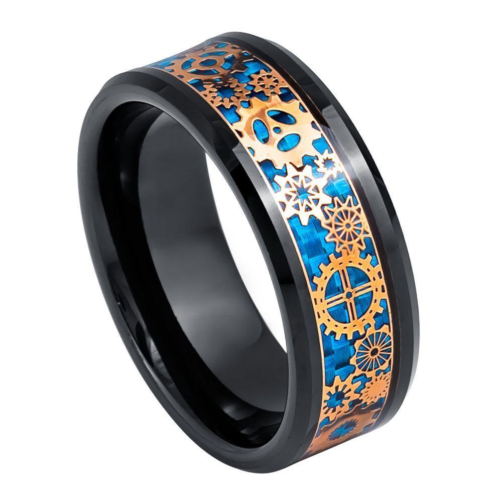 Steampunk Gear over Blue Carbon Fiber Inlay Black & Rose Gold IP Plated - 8mm - Love Tungsten