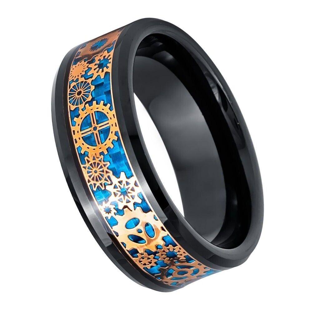 Steampunk Gear over Blue Carbon Fiber Inlay Black & Rose Gold IP Plated - 8mm - Love Tungsten