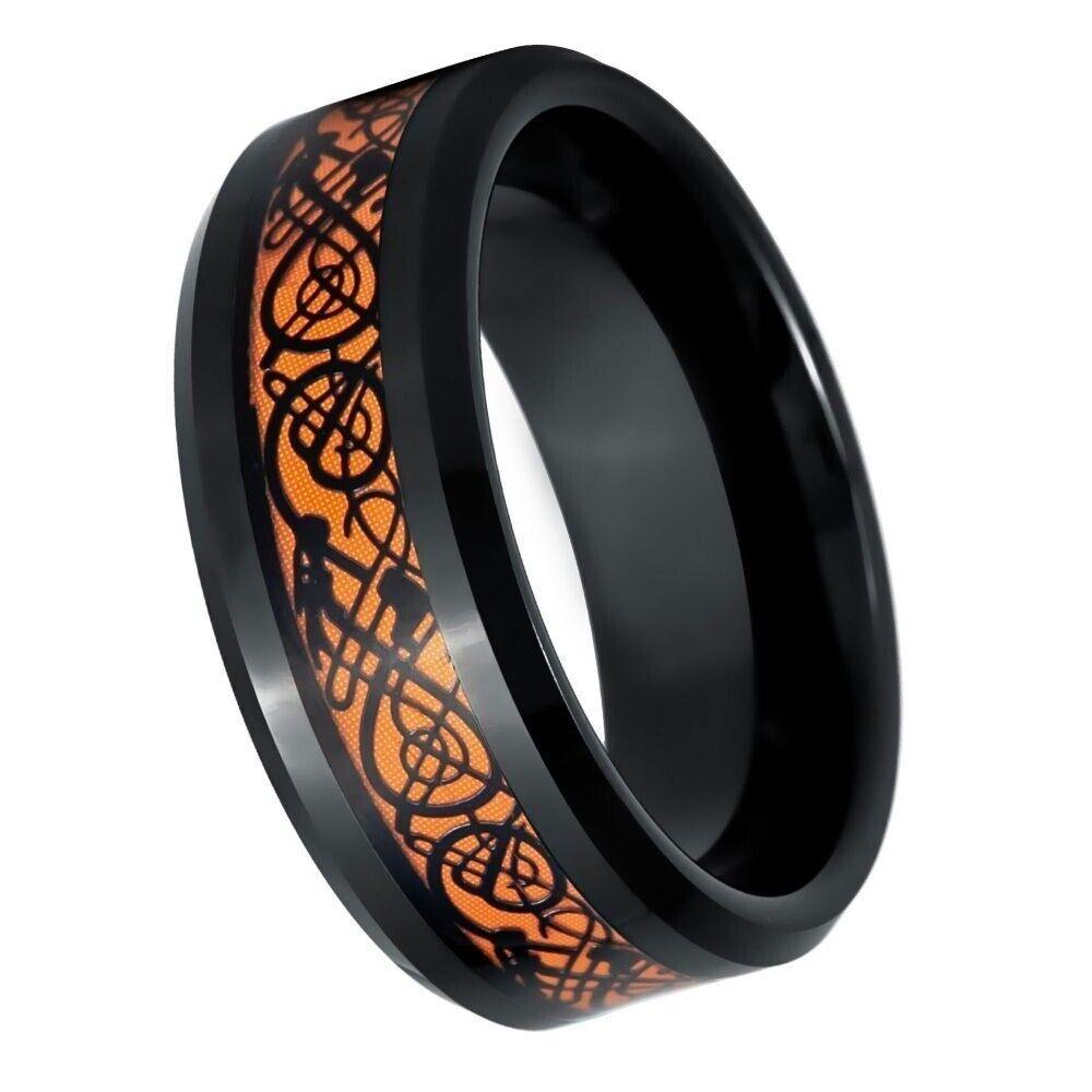 Stunning Black IP Celtic Cutout Tungsten Ring with Orange Resin - 8mm - Love Tungsten