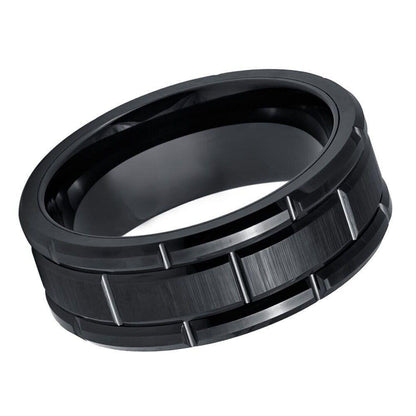 Stylish Brick Pattern Watch Band Design Black IP Plated Tungsten Ring - 8mm - Love Tungsten