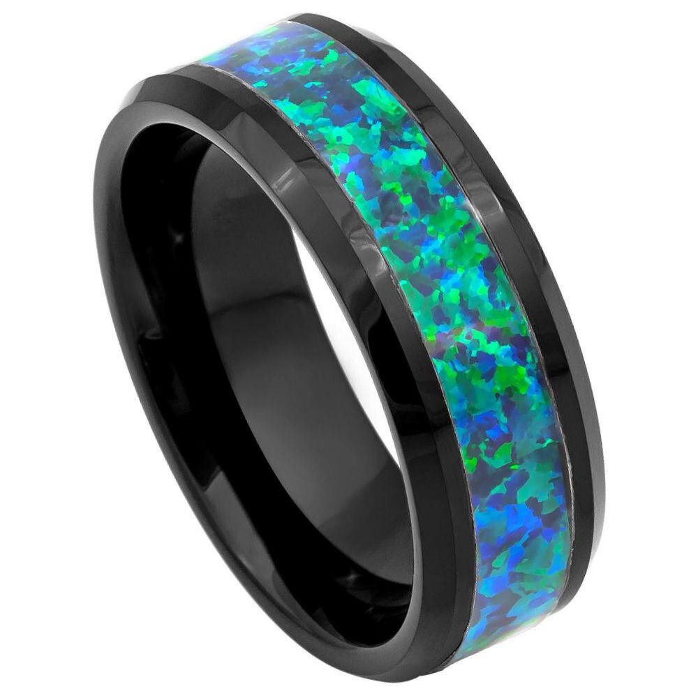 Synthetic Emerald-Green Opal Inlay Black IP Plated Tungsten Ring - 8mm - Love Tungsten