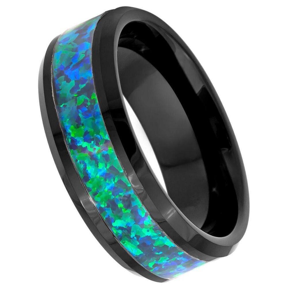 Synthetic Emerald-Green Opal Inlay Black IP Plated Tungsten Ring - 8mm - Love Tungsten