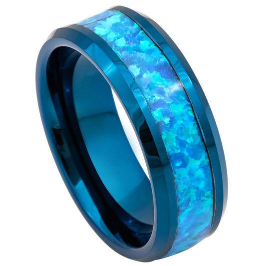 Synthetic Opal Glitter Inlay Blue IP Plated Tungsten Ring - 8mm - Love Tungsten