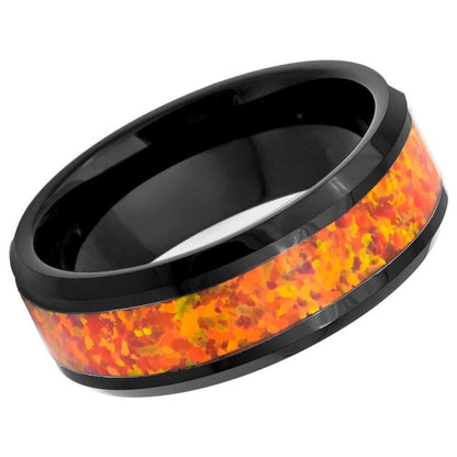 Synthetic Orange Opal Inlay Black IP Tungsten Ring - 8mm - Love Tungsten