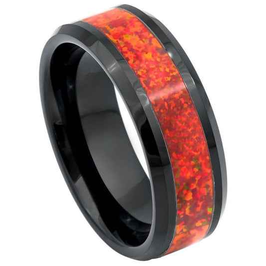 Synthetic Red Fire Opal Inlay with Black IP Tungsten Ring - 8mm - Love Tungsten