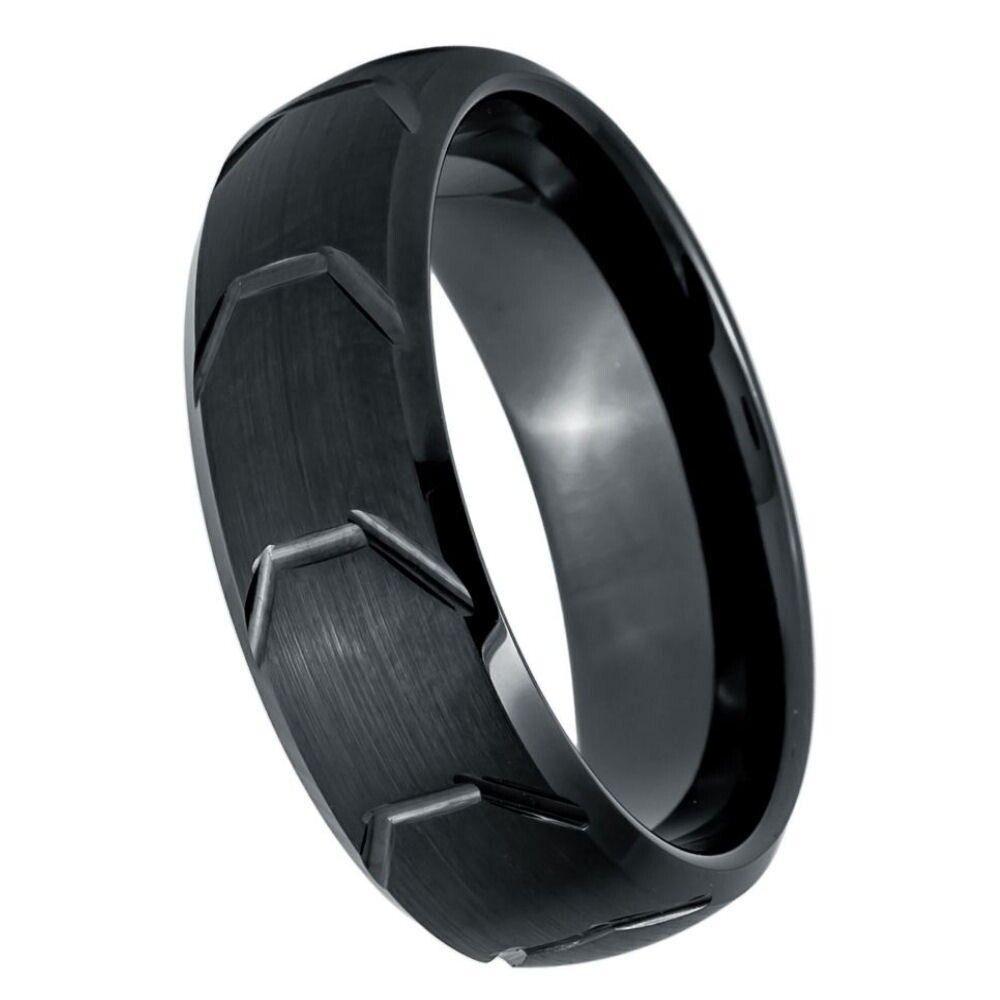 Tire Thread Center Beveled Edge Black IP Tungsten Ring - 8mm - Love Tungsten