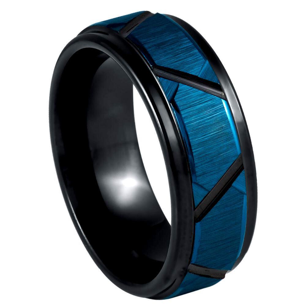 Trapezoids Stepped Edge Blue & Black IP Tungsten Ring - 8mm - Love Tungsten