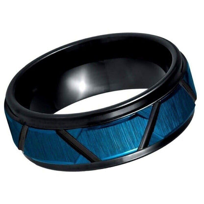 Trapezoids Stepped Edge Blue & Black IP Tungsten Ring - 8mm - Love Tungsten