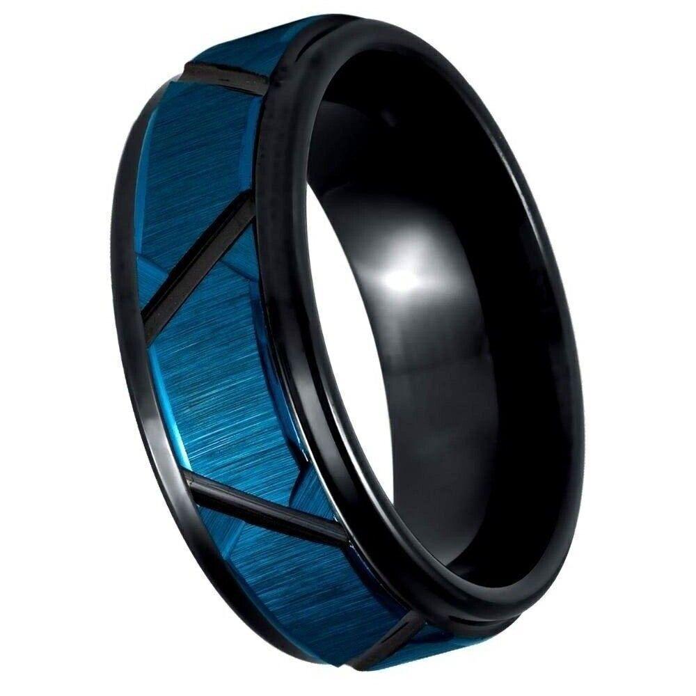 Trapezoids Stepped Edge Blue & Black IP Tungsten Ring - 8mm - Love Tungsten