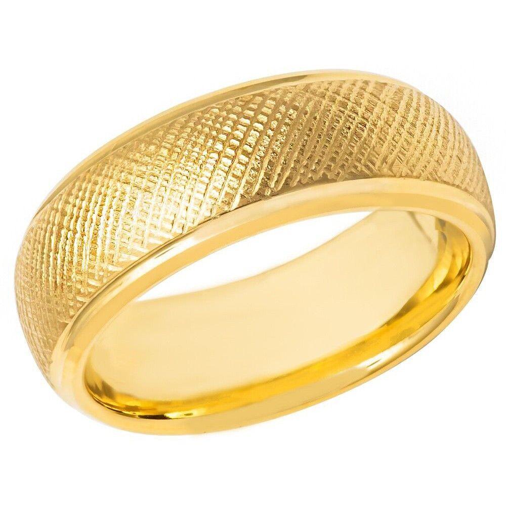 Tungsten Yellow Gold IP Florentine Detailed Finish Domed Stepped Edge Ring - 8mm - Love Tungsten