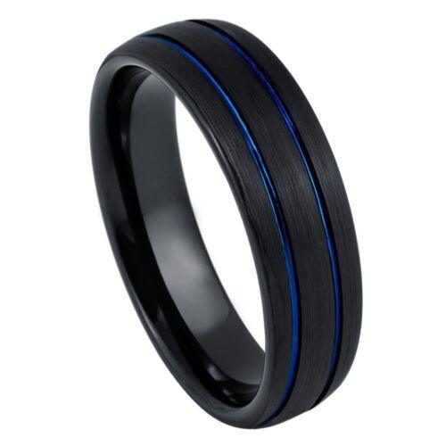 Two Blue IP Grooves Black IP Dome Tungsten Ring - 6mm | Striking & Modern - Love Tungsten