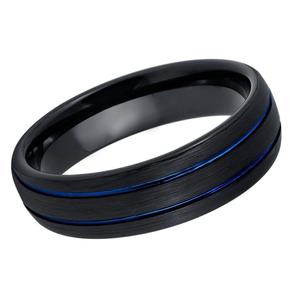 Two Blue IP Grooves Black IP Dome Tungsten Ring - 6mm | Striking & Modern - Love Tungsten