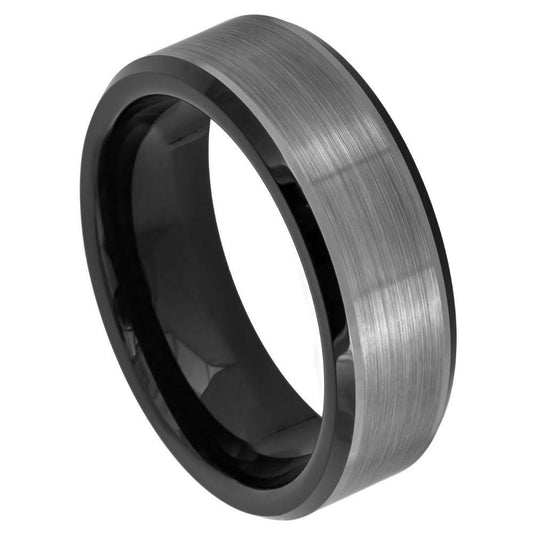 Two-tone Black IP Brushed Center Beveled Edge Tungsten Ring - 8mm - Love Tungsten