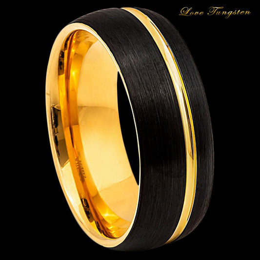 Two-Tone Brushed Yellow Gold & Black IP Groove Tungsten Ring - 8mm - Love Tungsten