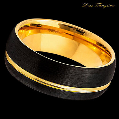 Two-Tone Brushed Yellow Gold & Black IP Groove Tungsten Ring - 8mm - Love Tungsten