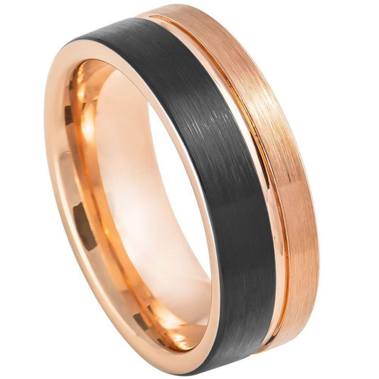 Two-Tone Rose & Black IP Grooved Pipe-Cut Tungsten Ring - 8mm - Love Tungsten