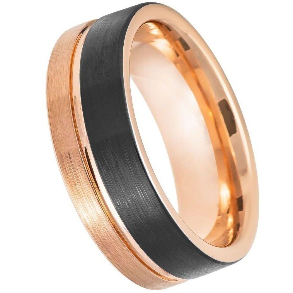 Two-Tone Rose & Black IP Grooved Pipe-Cut Tungsten Ring - 8mm - Love Tungsten