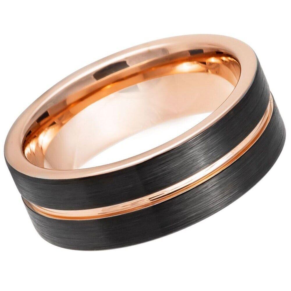 Two-Tone Rose & Black IP Grooved Tungsten Ring - 8mm - Love Tungsten