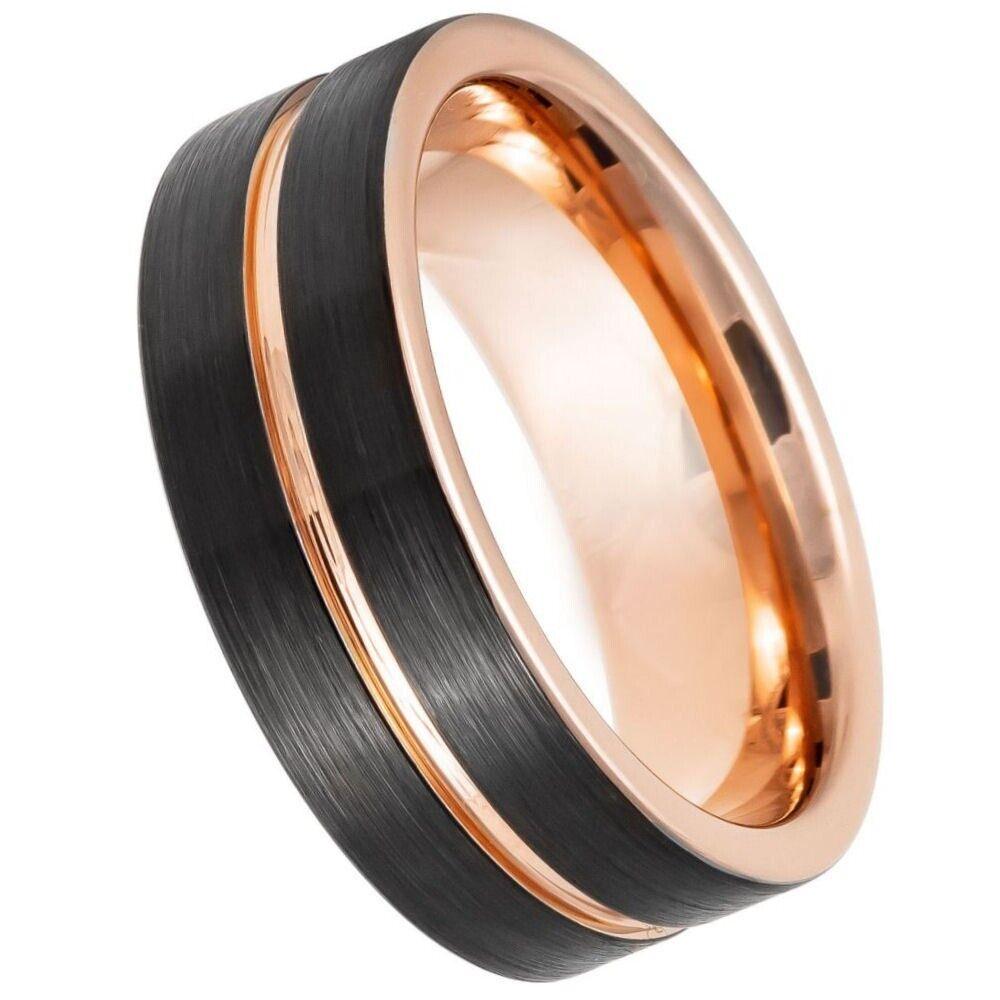 Two-Tone Rose & Black IP Grooved Tungsten Ring - 8mm - Love Tungsten