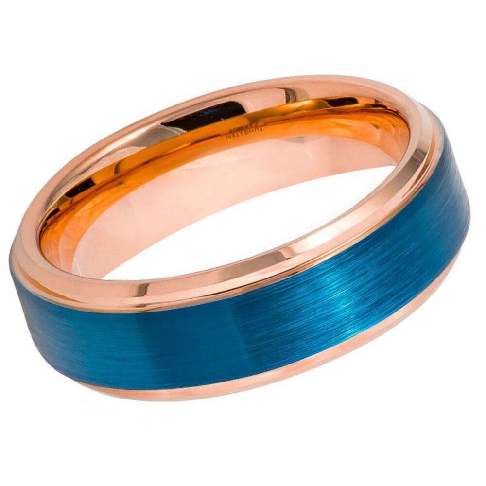 Two-tone Rose & Blue IP Stepped Edge Tungsten Ring - 6 mm - Love Tungsten