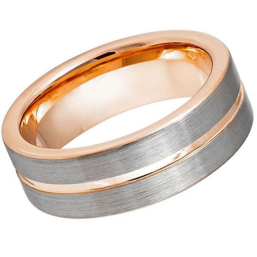 Two-tone Rose Gold IP Plated Pipe-Cut Tungsten Ring - 8mm - Love Tungsten