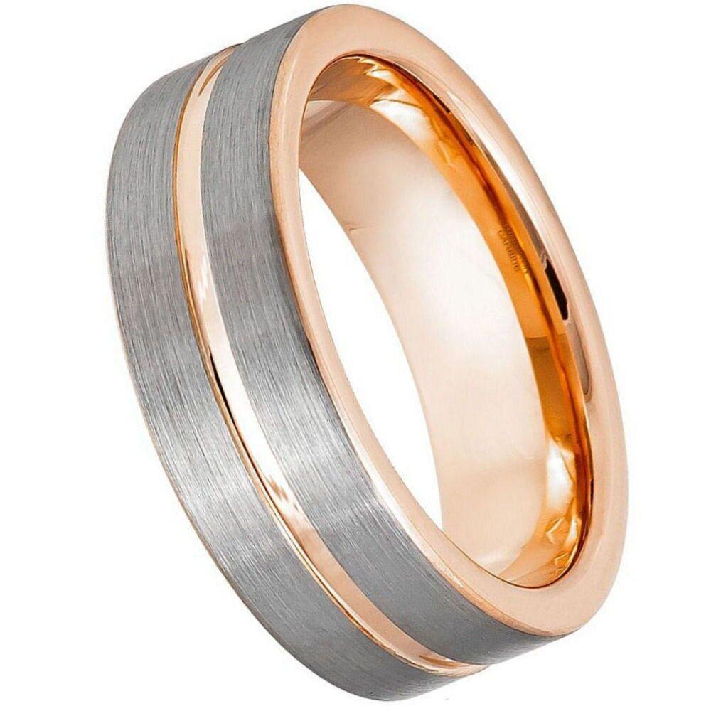 Two-tone Rose Gold IP Plated Pipe-Cut Tungsten Ring - 8mm - Love Tungsten