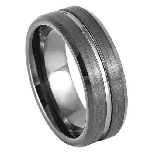 Unisex Gun Metal IP Center Brushed Grooved Beveled Edge Tungsten Ring - 8mm - Love Tungsten